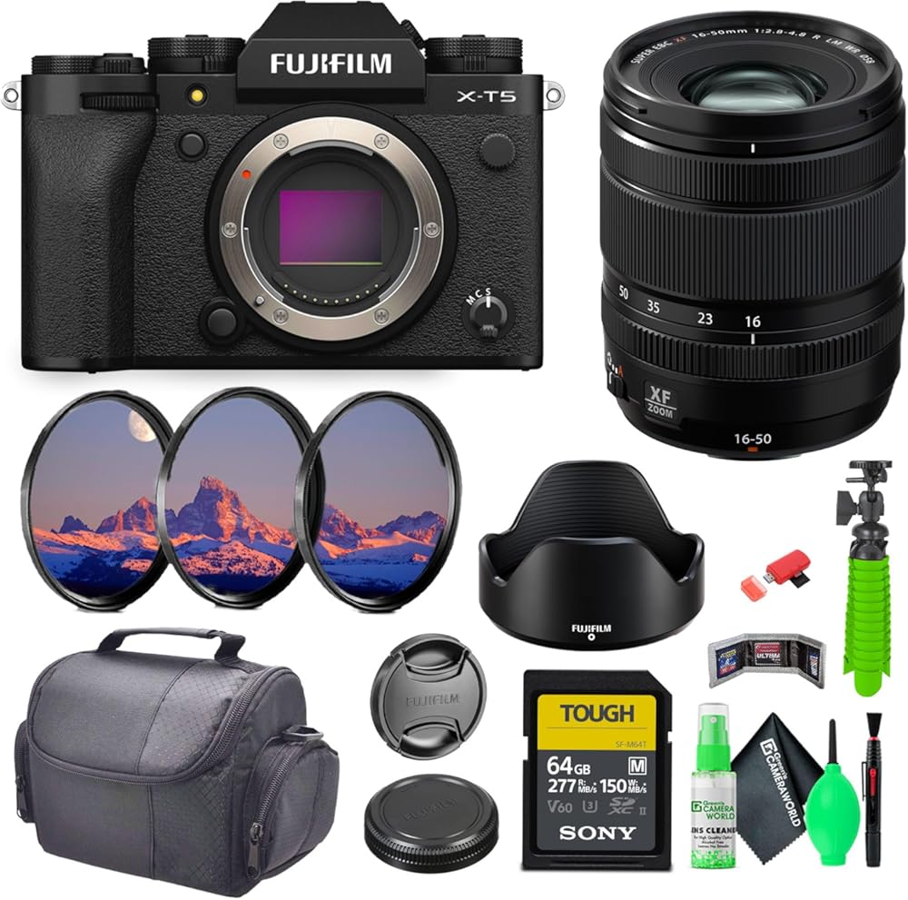 FUJIFILM X-T5 Mirrorless Camera (Black) Bundle with Fuji XF 16-50mm f/2.8-4.8 R LM WR Lens + 64GB SF-M Tough Series UHS-II SDXC Memory Card + Greens Lens Cleaning Kit + Flexible Tripod + More
