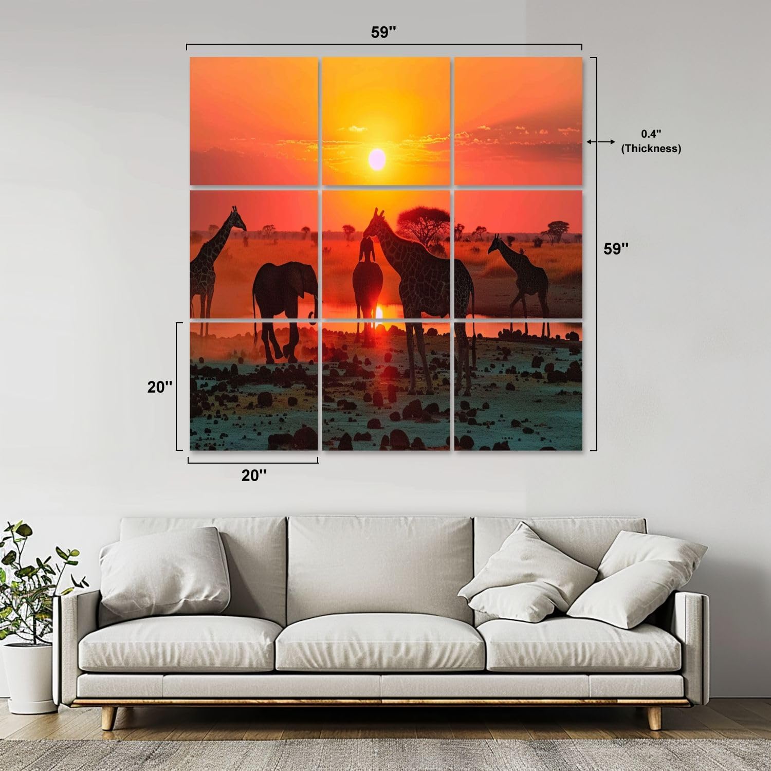 Art Acoustic Panels Self Adhesive Africa big5 elephants giraffes sunset sunrise sky 9 Packs Decorative Soundproof Wall Panels Large Sound Absorbing Panels for Home Office 60