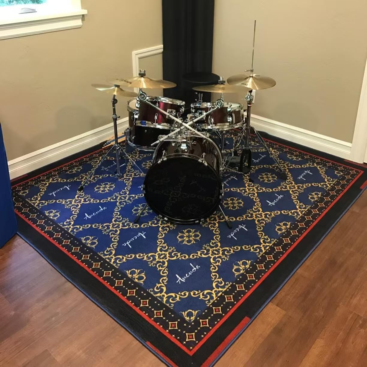 Aucuda Blue Drum Rug 6x6.6 ft Drum Mat Outdoor, Tightly Woven Fabric Cool Drum Set Carpet with Non-Slip Grip Bottom, Electric Drum Accessories for Studio, Apartment, Soundproof, Guitar, No Crease.