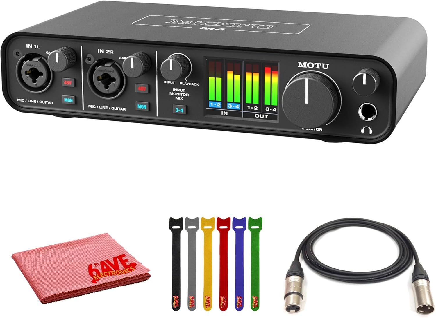 MOTU M4 USB-C Audio-MIDI Interface (3140) Bundle with, 10 Ft XLR Cable, Fiber Cloth, Cable Ties