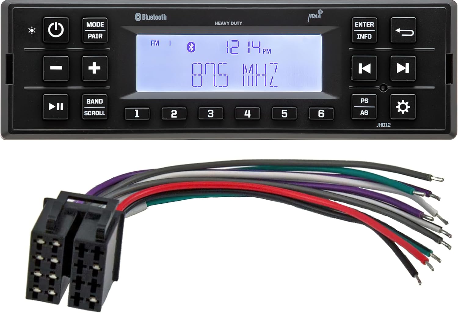 JHD12B Heavy-Duty Bluetooth Stereo with 31100100 Harness; Weatherband; AM/FM Tuner with 30 Presets; LCD Display; Two-Wire Power; Work Timer; 12VDC; Toggle Switch Between Day and Night Display