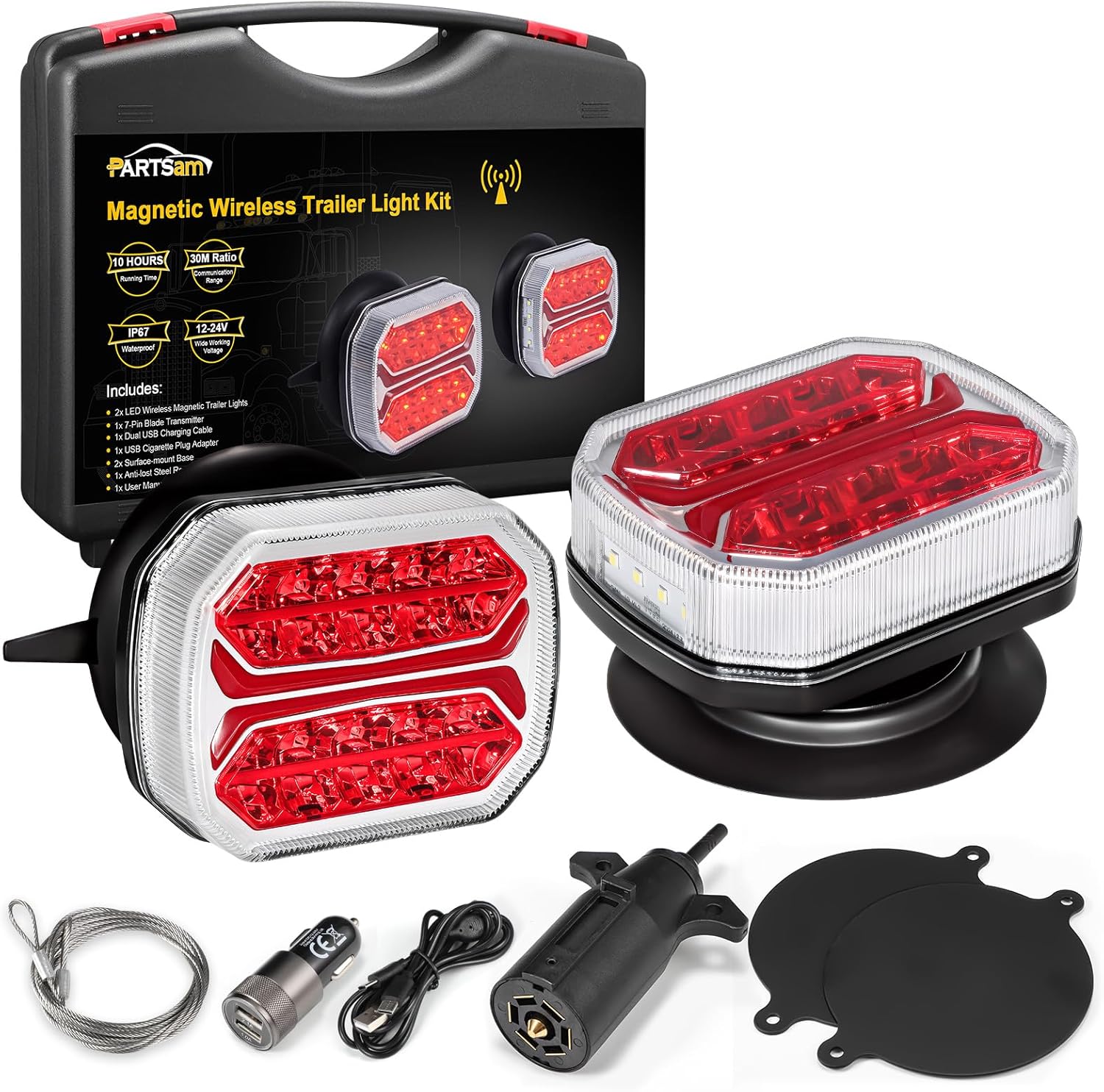 Partsam Wireless Trailer Light Kit, Portable Magnetic Tail Lights for Towing, Stop Brake Turn Signal License Plate Tail Lights with Strong Magnets Suction Cup 7-Pin Plug for Trucks Trailers 12-24V