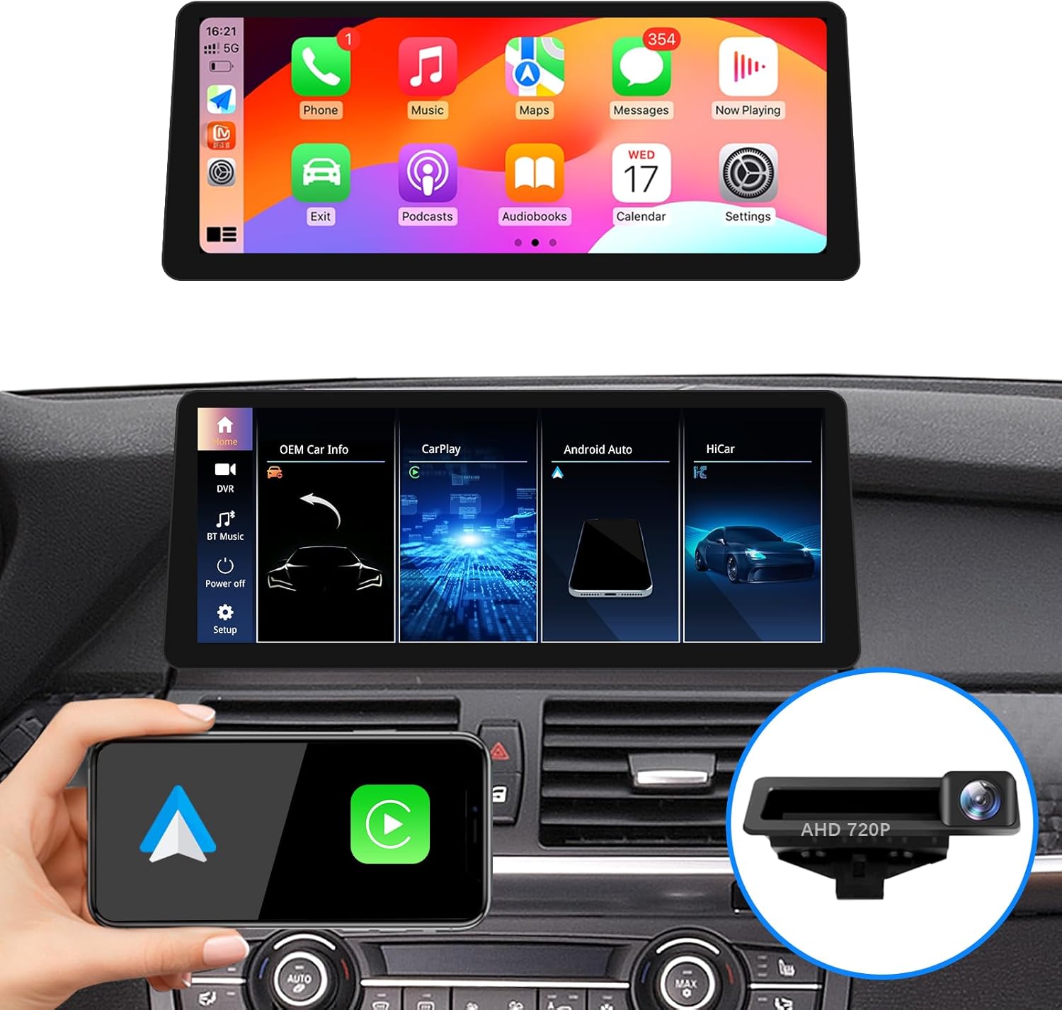 Ultra Narrow 12.3-inch Car Stereo for BMW X5 E70 X6 E71CIC Carplay Multimedia Player Android Auto Radio Upgrade Touch Screen Head Unit 2011-2013 with Raverse Camera