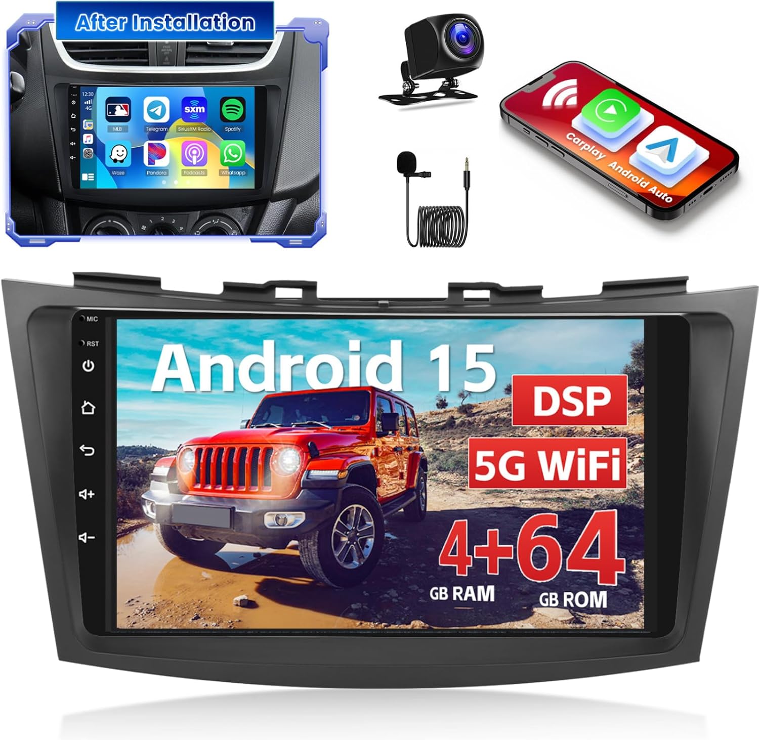 [4+64G] Android 15 Car Stereo for Suzuki Swift 2011 2012 2013 2014 2015 2016 2017, [DSP] Hikity 9'' IPS Touchscreen Swift Radio Wireless Carplay Android Auto 5G WiFi/Bluetooth 1280*720P/FM Backup Cam
