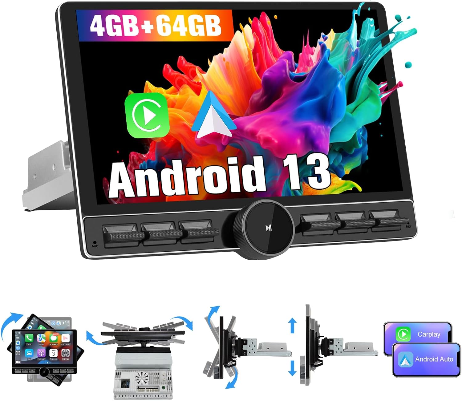 4G+64G Single Din Car Radio Upgrade Rotating,10.6 Inch Android 13 Car Stereo Replacement 10.6 Inch Touchscreen HeadUnit with CarPlay AndroidAuto/Bluetooth/GPS/FM/AM/BackCamera/SIM4G