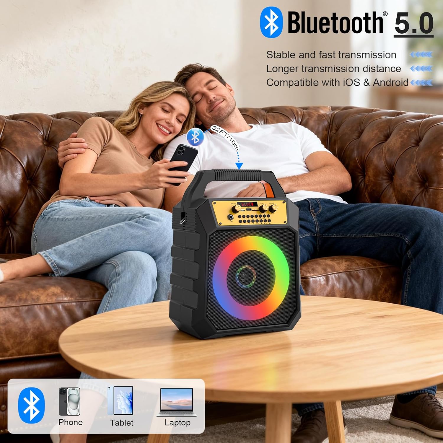 Portable Karaoke Machine for Adults Coaxial Speaker with 2 Wireless Microphones,Bluetooth PA System with 5 Dynamic LED Lights Mode,Supports TF/SD/USB,AUX,FM,REC for Home Party (171-black)