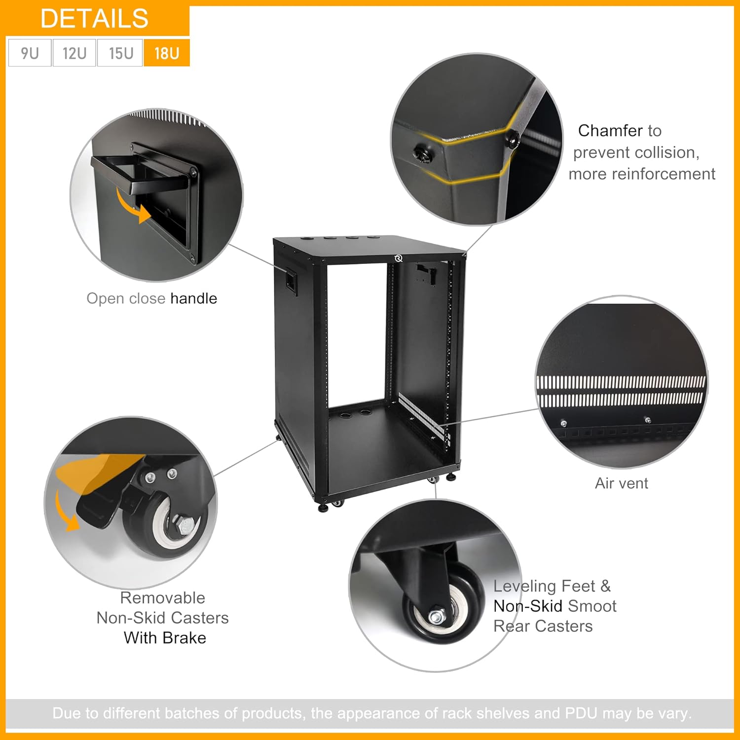 RIVECO 18U Stereo & Server Rack with Caster Wheels, Rolling Network Cabinet, Open Frame Rack for 19-inch Audio Video Music Recording & IT Equipment Lifting Handle & 1U 10