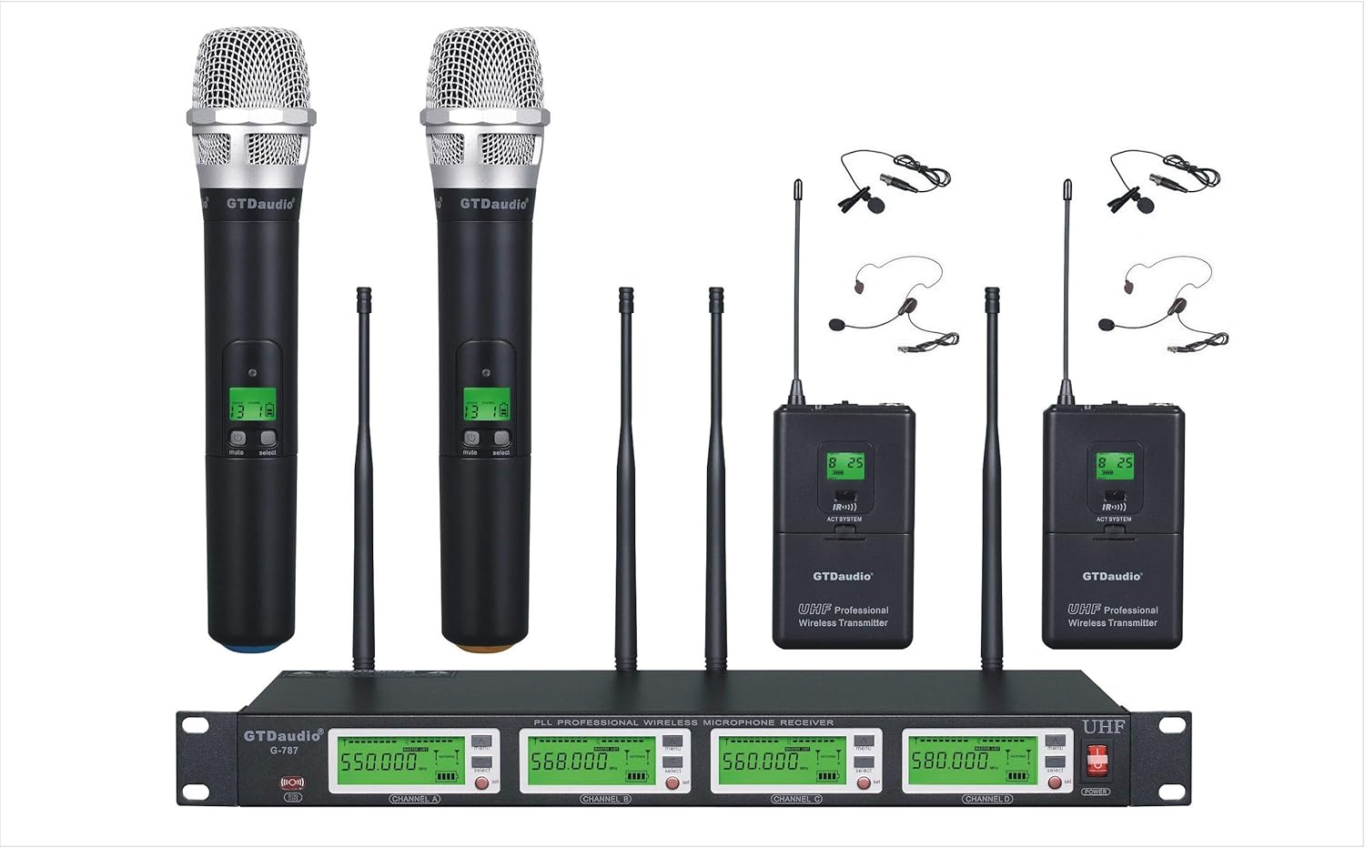 GTDaudio 4 x 800 Adjustable Frequency Channels UHF True Diversity Wireless Lavalier (Lapel) Headset Microphone Mic System 787HL (2 Lavalier & 2 Handheld Mics)