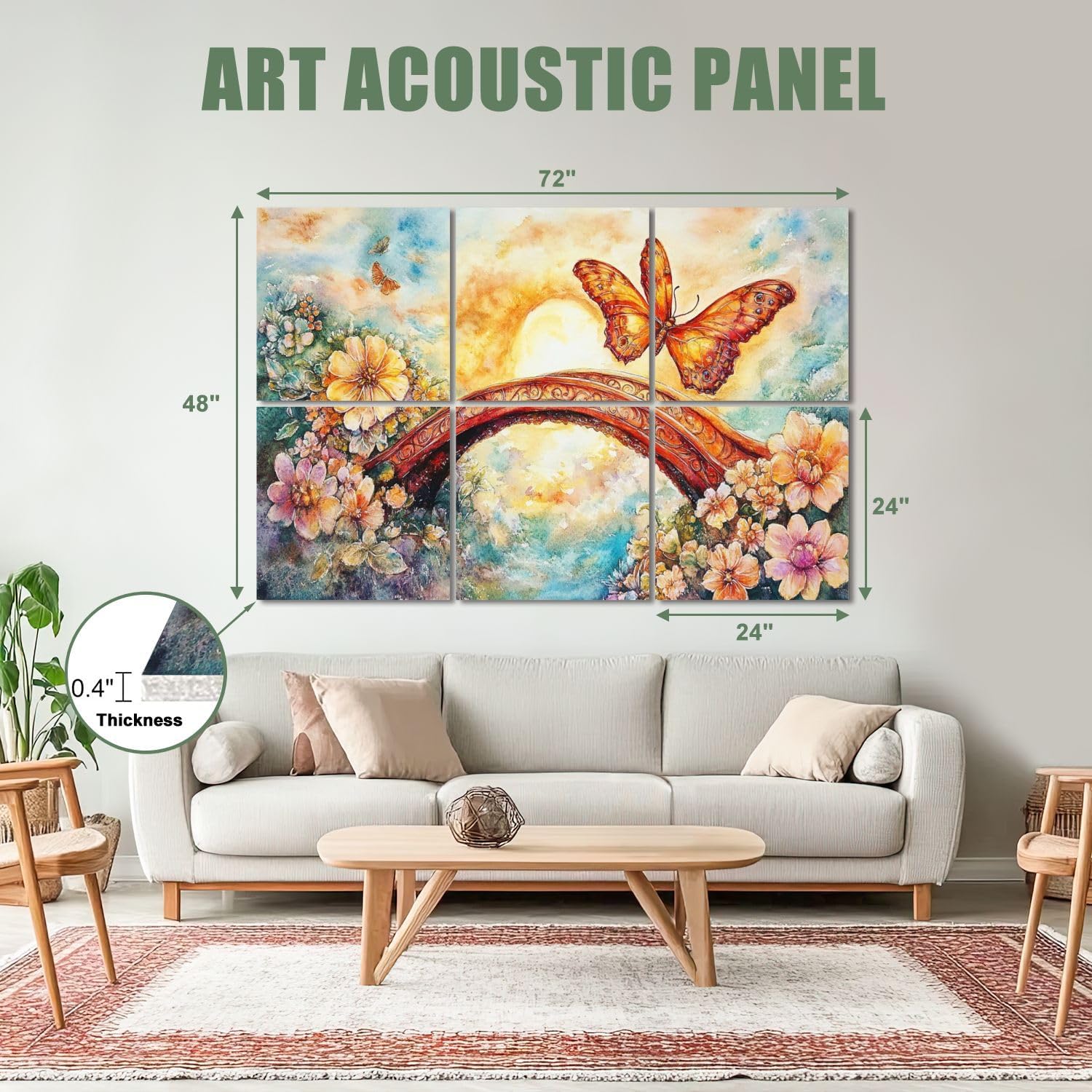 6 Pack Art Acoustic Panels Sound Absorbing Bridge Sunset Flowers Butterfly Ornate Clouds Watercolor Vivid Colors Decorative Soundproof Wall Panels Self Adhesive for Recording Studios Office 72