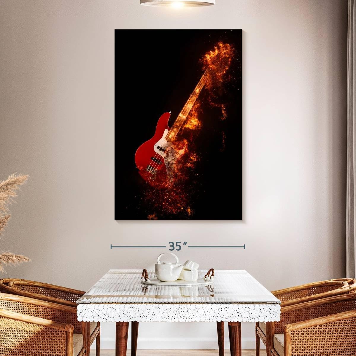 ElephantStock - Flaming Bass Guitar Wall Art - Vertical Canvas Wall Art - Living Room Wall Decor - Digital Art Music Canvas Art - Black And Orange Decor - 34