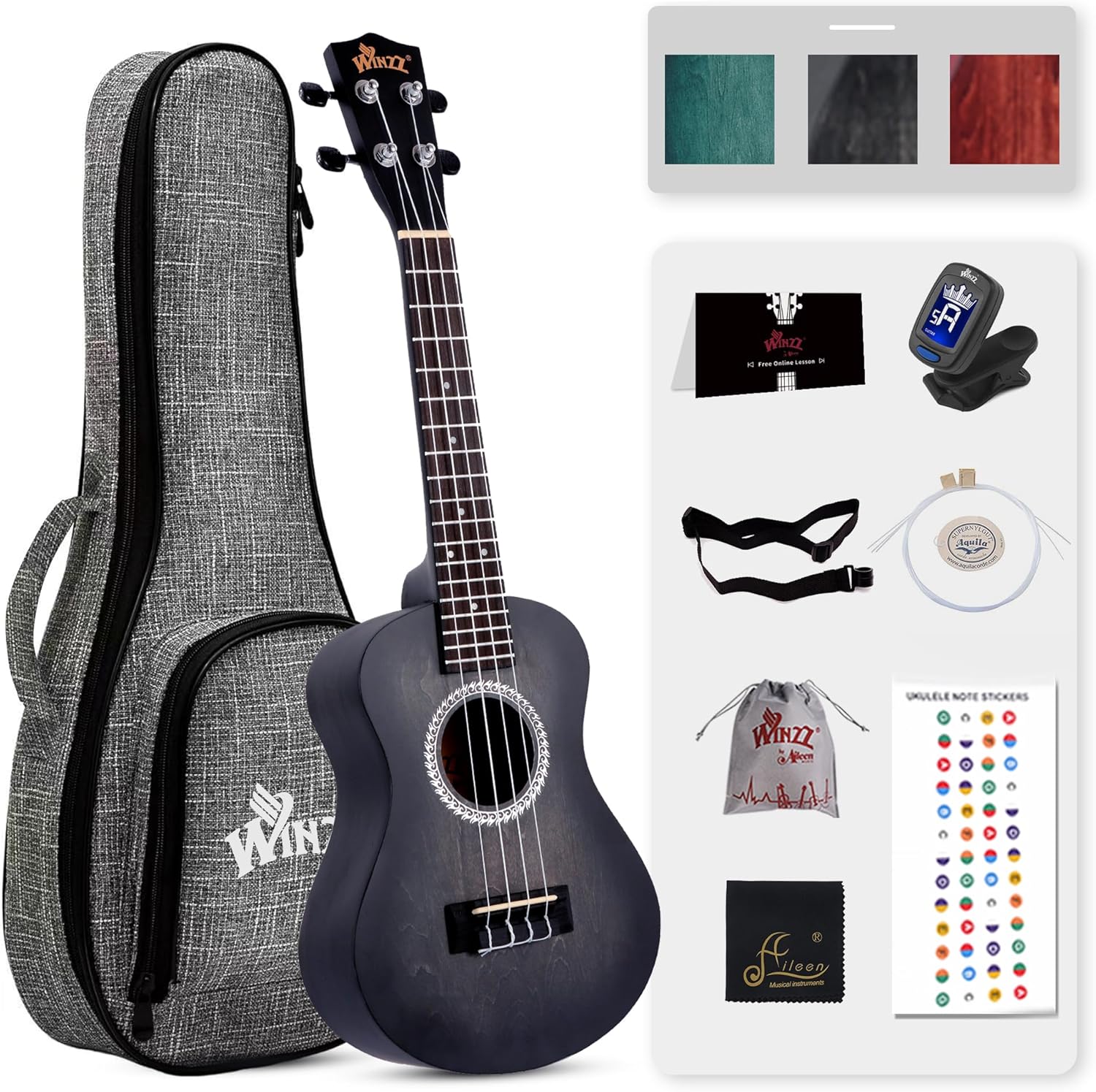 WINZZ HAND RUBBED Series - Concert Ukulele Vintage Hawaiian with Bag, Tuner, Strap, Extra Strings, Fingerboard Sticker, 23 Inches, Black
