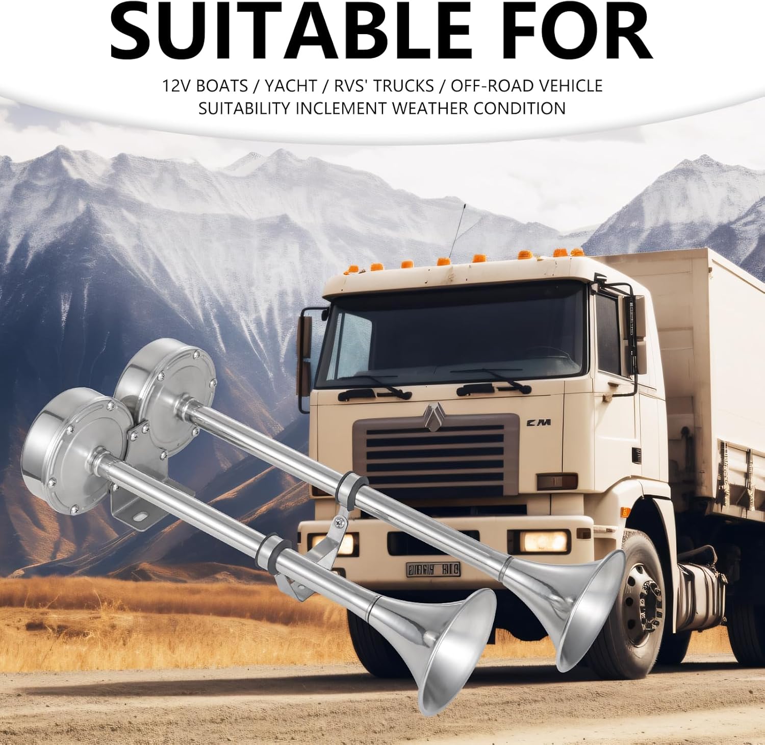 FARBIN Boat Horn 12V Waterproof Stainless Steel Trumpet Marine Horn,Electric Boat Horn for Boats Ship Sailboat Yacht Off-Road Vehicle Truck SUV RV Vans Touring Car (Stainless steel Double Tube)