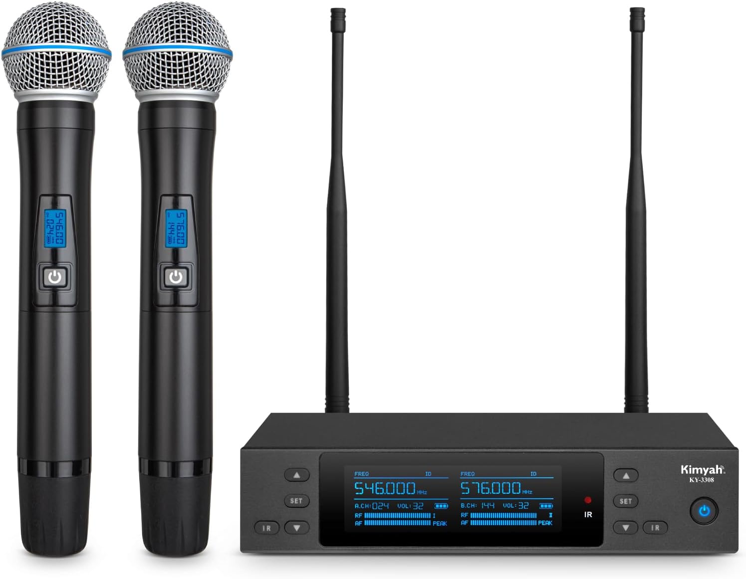 Kimyah Wireless Microphones System, 2x100 Channels Metal Cordless Handheld Microfonos, 328FT UHF Range, Mics with Stable Signal Transmission for Professional Stage, DJ and Party Karaoke(KY-3308)