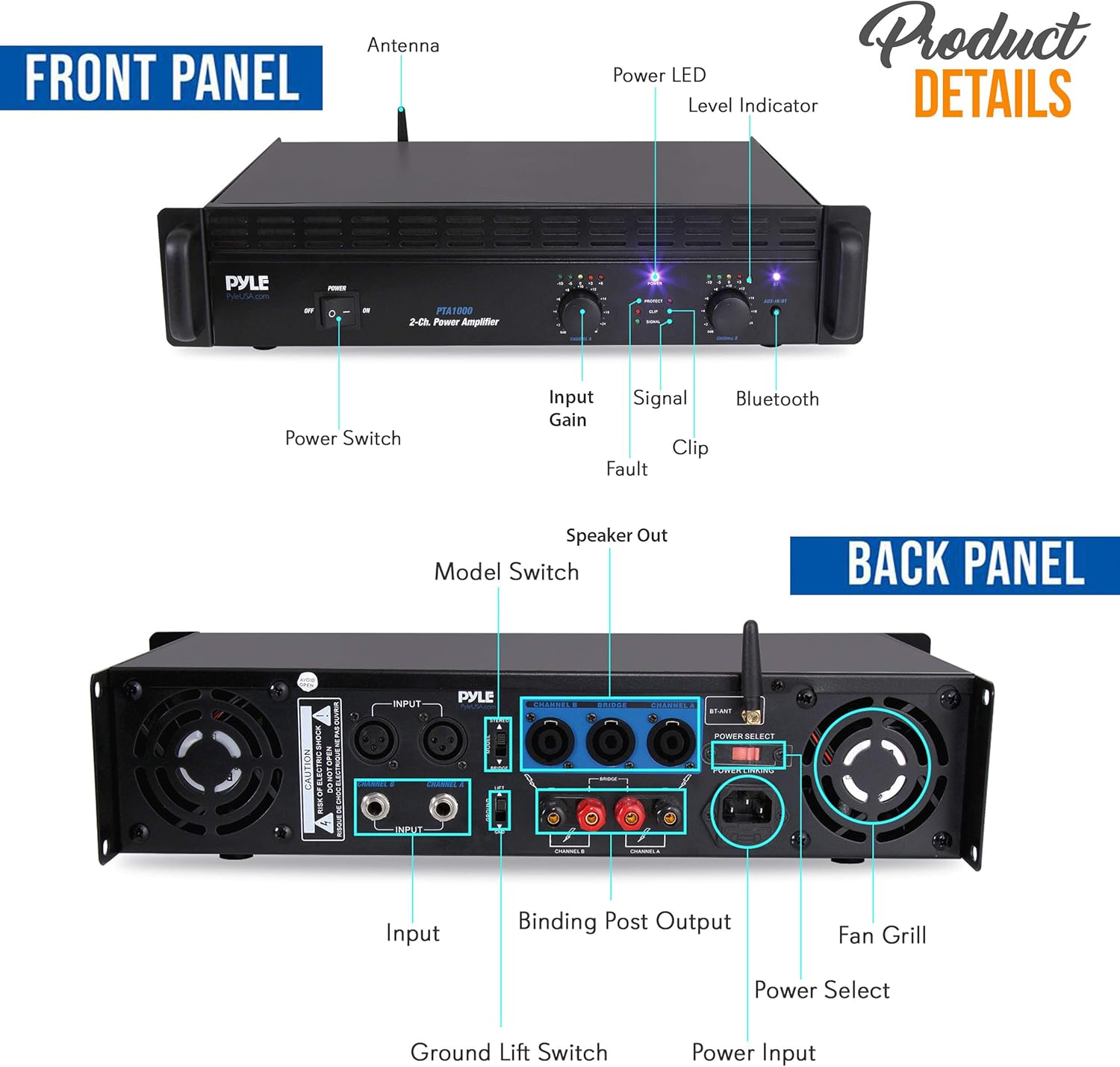 Professional Audio Bluetooth Power Amplifier - 2-Channel Rack Mount Bridgeable, LED Indicators, Shockproof Binding Posts, Cooling Fans 1000 Watt - Pyle PTA1000