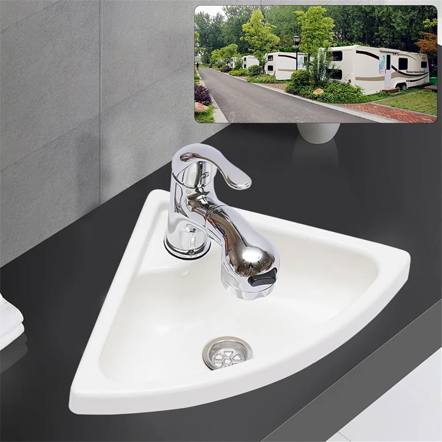 Wall Mount Corner Bathroom Sink, RV Corner Sink Acrylic Triangle Wall-Mounted Bathroom Basin with Faucet & Hose for Camper Van Boat Caravan, White