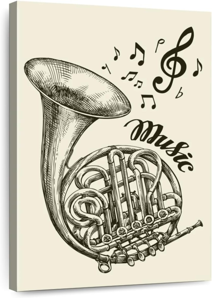 ElephantStock - French Horn Music Wall Art - Vertical Canvas Wall Art - Living Room Wall Decor - Drawing Music Canvas Art - Beige And Black Decor - 34