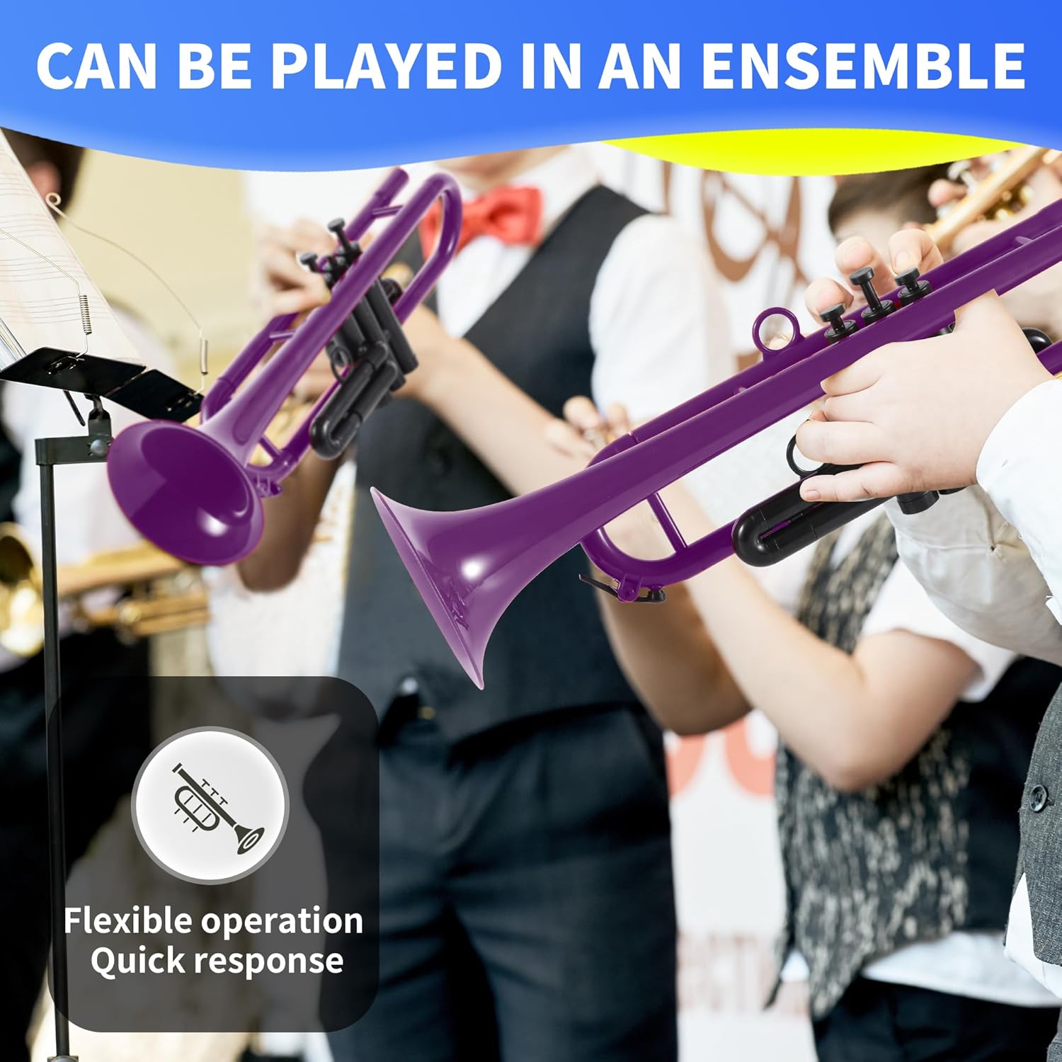 Professional Plastic Bb Trumpet Student Trumpet Set for Student Beginner With 7C Mouthpiece and 3C Mouthpiece Bb Trumpet Instrument Purple, PM160