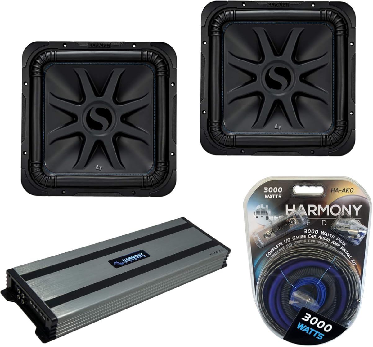 Harmony Audio (2) Harmony Audio HA-A1500.1 Car Stereo Class D Amp Mono 3000W Subwoofer Amplifier, 44L7S152 Solo-Baric 15 Subwoofer Square L7 Dual 2 Ohm & HA-AK0 Complete 1/0 Gauge 3000W Install Kit