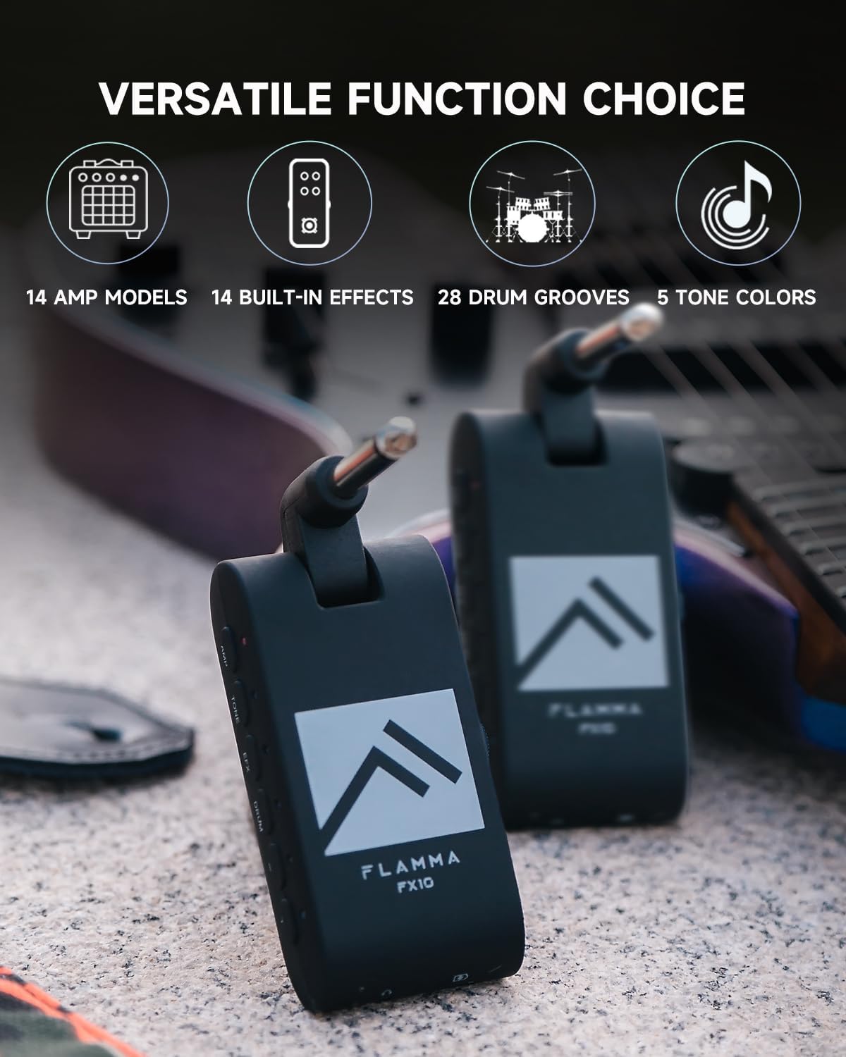 FLAMMA Guitar Headphone Amp Portable with 28 Drum Grooves 14 Built-in Effects 14 Amplifier Models 5 Tone Colors Support Bluetooth USB Audio Recording and Playback OTG Function Home Practice