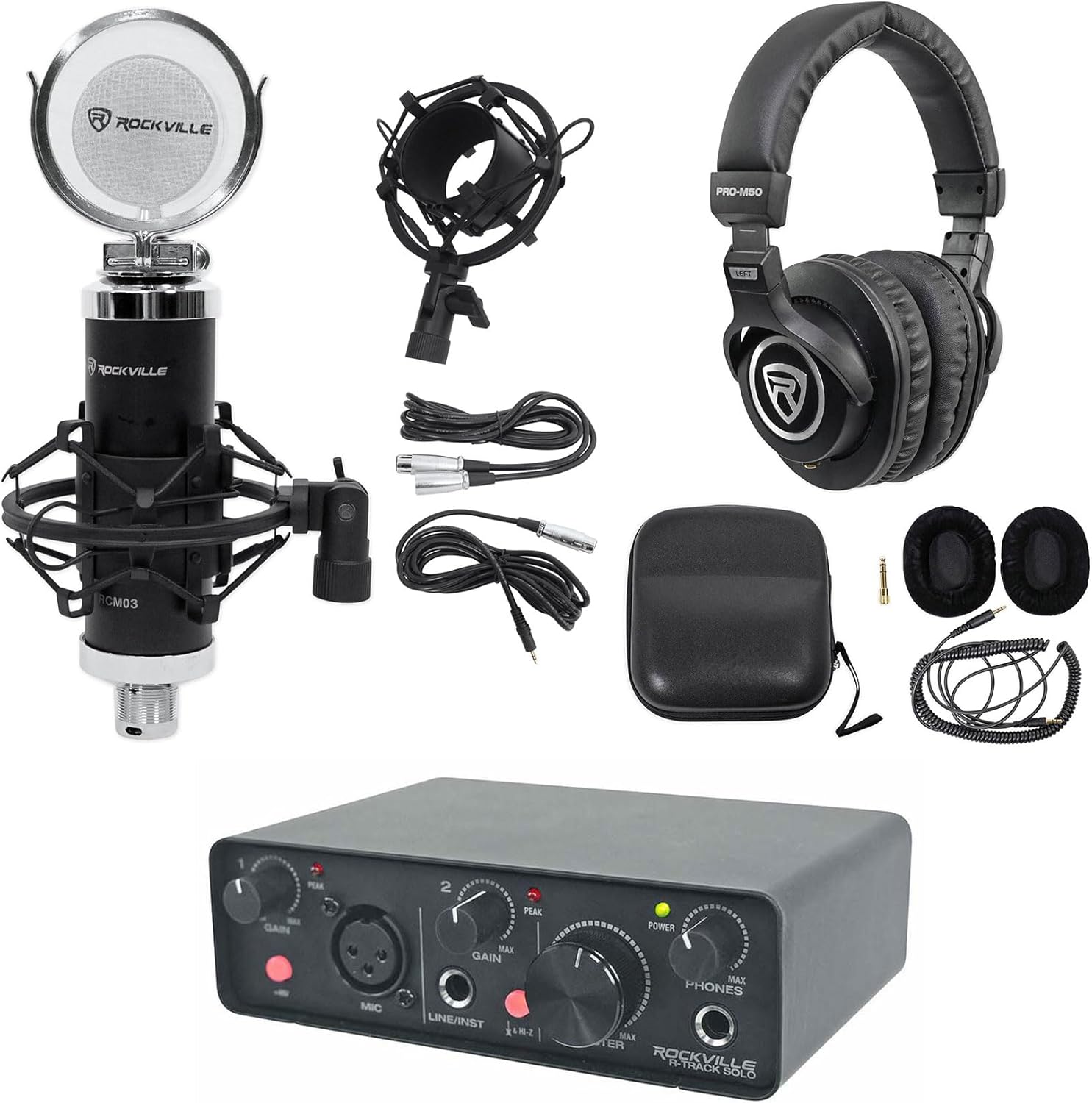 Rockville Bundle: Rockville R-TRACK SOLO Recording USB-C Audio Interface, RCM03 Pro Condenser Microphone, PRO-M50 Studio Headphones (3 Items)