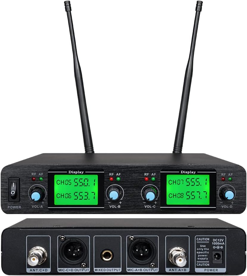 Wireless Microphone System UHF 4 Channel 2 Handheld Whole Mic 2 Lavavier Lapel Mic Bodypack 2 Headset LCD Display Frequency A Karaoke for School Party Wedding Church Conference Speech DJ Singing