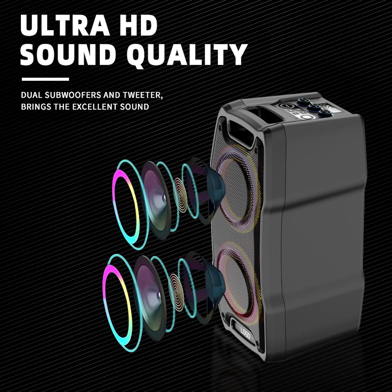 VeGue Karaoke Machine, Wireless Bluetooth PA System for Adults & Kids with Dual 8'' Subwoofers, 2 UHF Wireless Mics, Colorful LED Lights, Ideal for Home Karaoke, Party, Stage Performance (VS-0808)