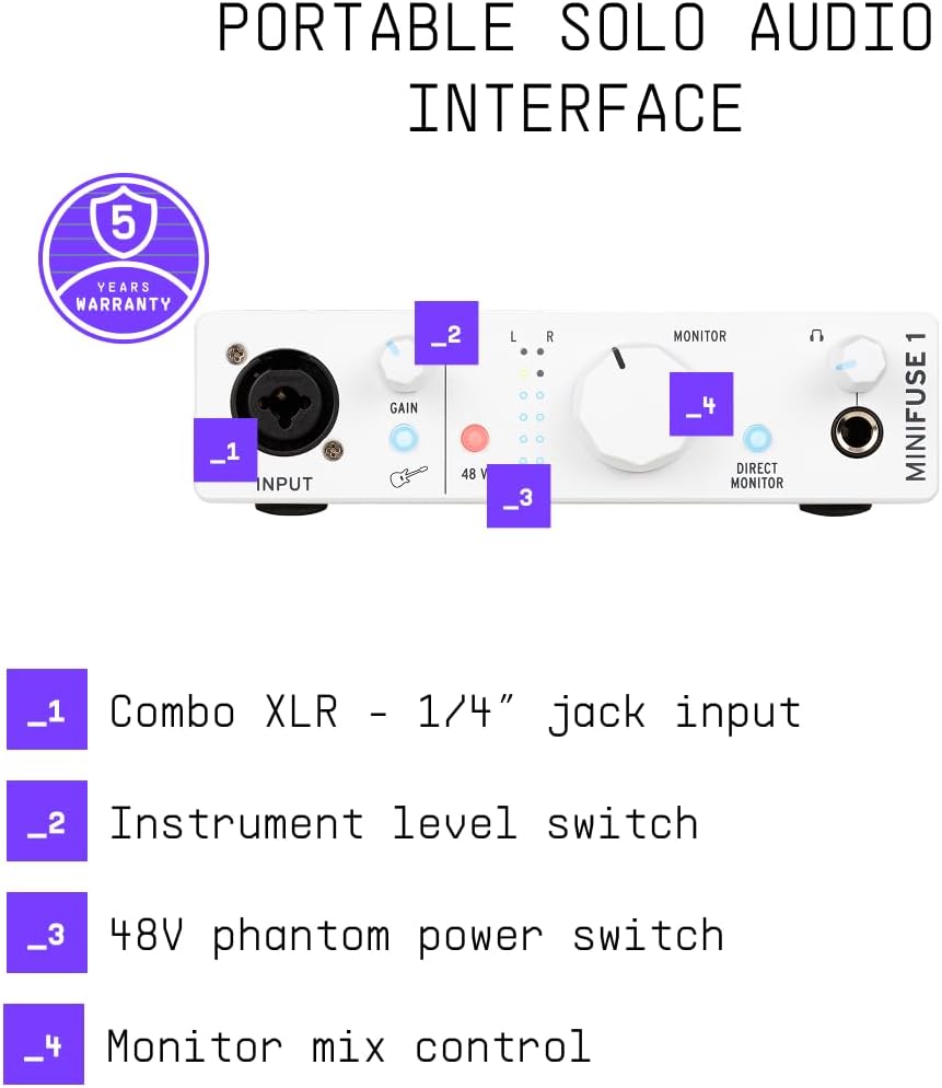 Arturia MiniFuse 1 - Compact USB Audio Interface with Creative Software for Recording, Production, Podcasting, Guitar - White