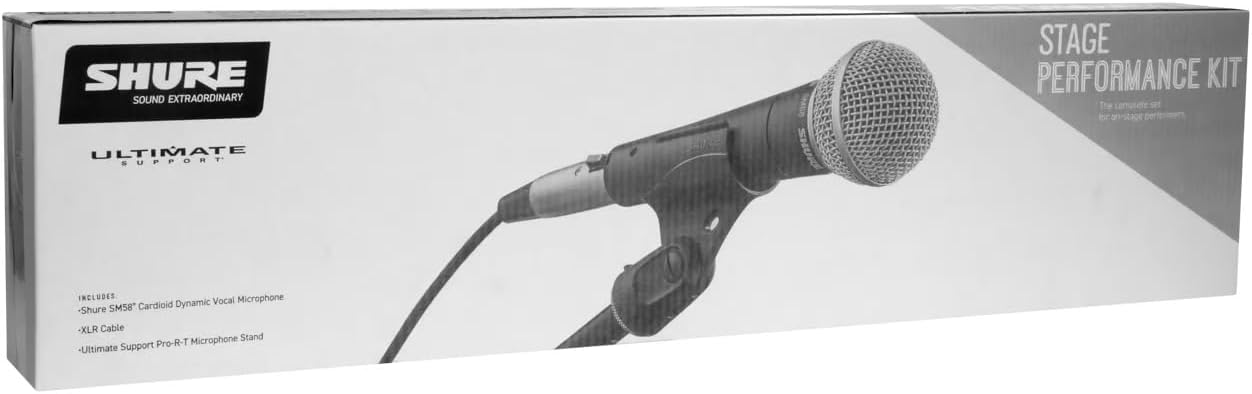 Shure SM58 Pro XLR Dynamic Microphone Stage Performance Kit with 15-Foot XLR-XLR Cable, Stand, A25D Clip and Bag - Professional Studio & Live Performance Cardioid Mic for Vocals (SM58-CN BTS)