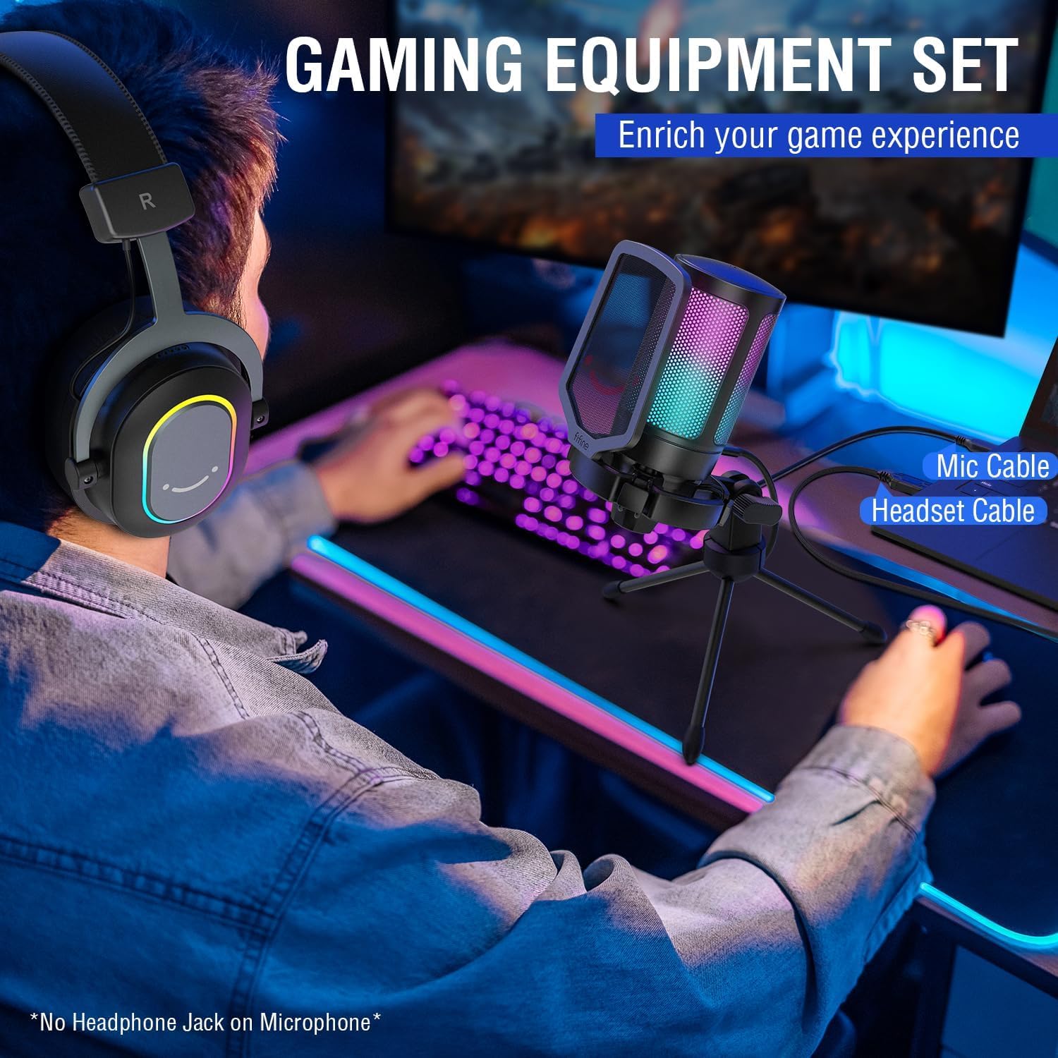 FIFINE Gaming USB Microphone with Headset Bundle for PS5, PC Condenser Mic with Quick Mute, RGB, Gain Control for Streaming, Wired Headphones with Microphone Set with EQ Mode, Soft Ear Pads (A6V+H6)
