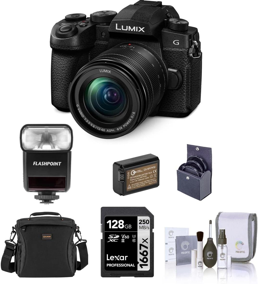 Panasonic LUMIX G95 Mirrorless Camera with LUMIX G Vario 12-60mm f/3.5-5.6 MFT Lens Bundle with Flashpoint TTL Flash, Shoulder Bag, 64GB SD Card, Extra Battery, 58mm Filter Kit, Cleaning Kit