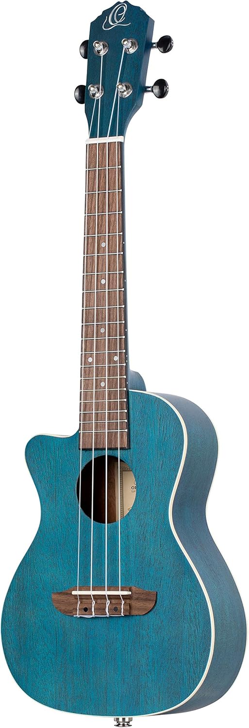 Ortega Guitars, 4-String Earth Series Concert Left-Handed Acoustic/Electric Ukulele, Transparent Ocean Blue, (RUOCEAN-CE-L)