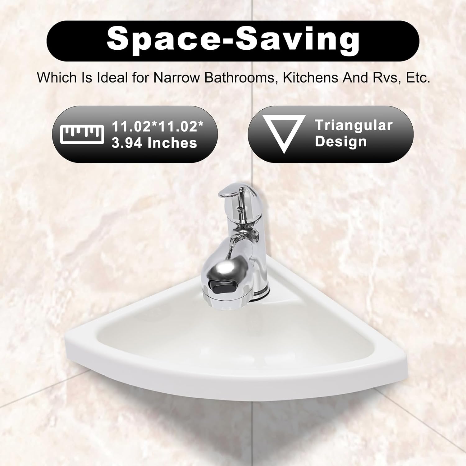 Wall Mount Corner Bathroom Sink, Boat Caravan RV Camper Corner Sink with Faucet, Single Bowl Sink for Boat Caravan Rv Camper Kitchen Bathroom, White