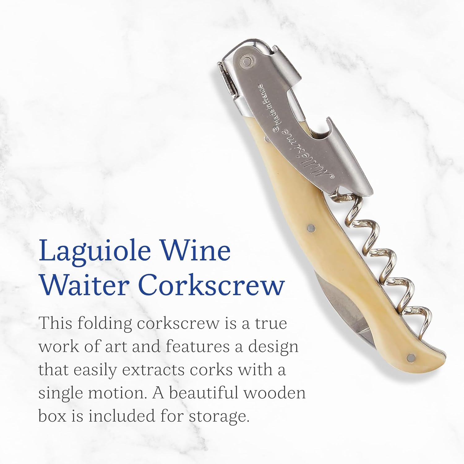 Jean Dubost Laguiole Wine Waiter, Light Horn Handle - Rust-Resistant Stainless Steel - Includes Slide-Top Box - Made in France