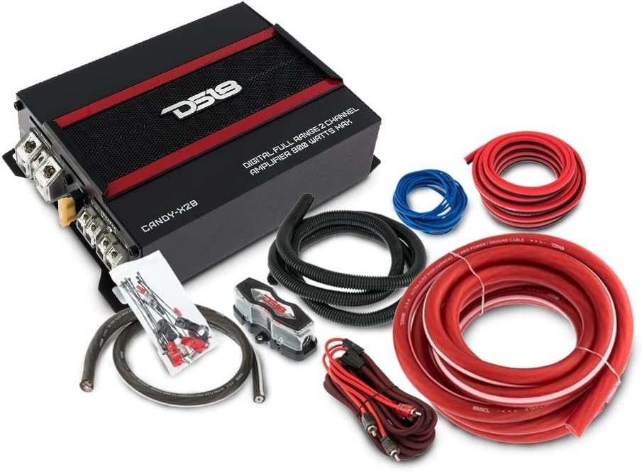 DS18 CANDY-X2B Amplifier in Black with Complete 4GA Amplifier Installation Kit Included - Class D, 2 Channels, 800 Watts Max, Digital, 2/4 Ohm - Compact Mini Ampflier for Speakers in Car Audio System