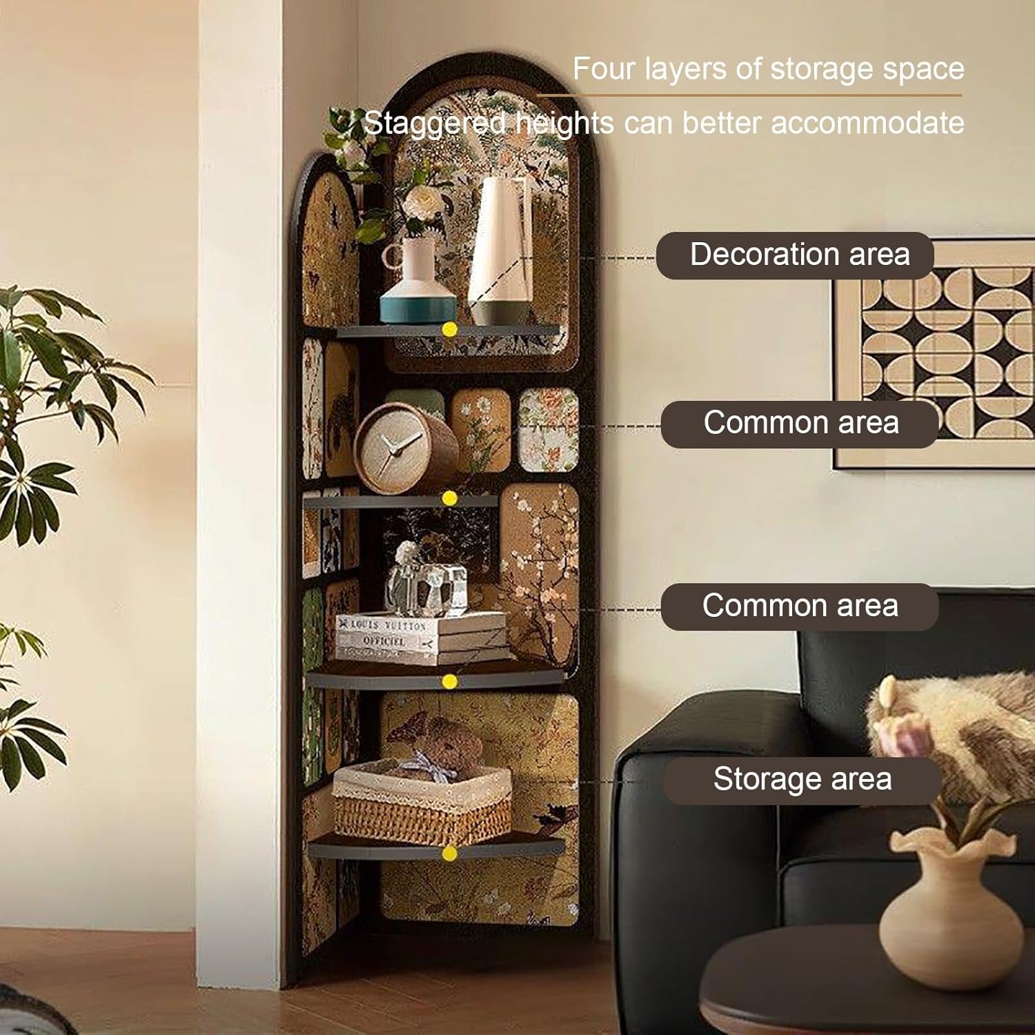 4 Tier Corner Bookshelf Etagere Bookcase, Decorative Storage Freestanding Display Shelf Stand, Floor Standing Rack, for Home Office, Living Room, Bedroom(Black 2,40cm/15.7in)