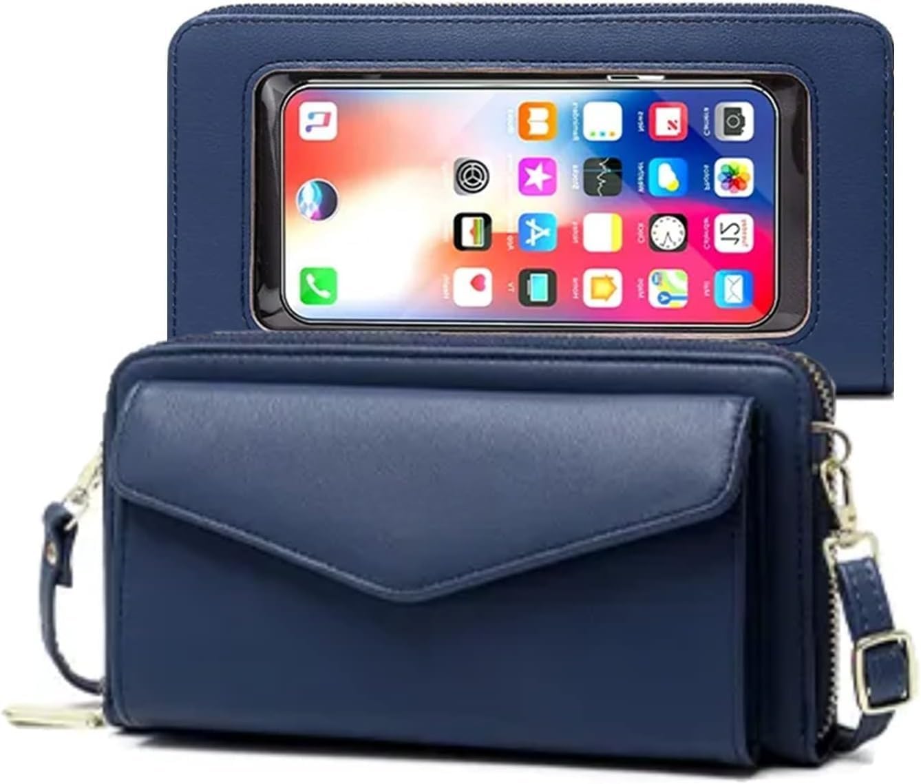 RFID Blocking Touch Screen Crossbody Phone Bag Genuine Leather Wallet with Clear Window Gift Box Gifts for Woman (Dark Blue)