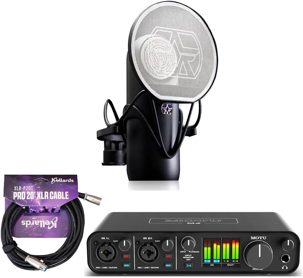 Motu M4 4x4 USB Audio Interface with Studio Quality Sound Bundle with Aston Microphones Element Microphone Bundle, Kellards XLR-P20T Pro 20 ft XLR Microphone Cable