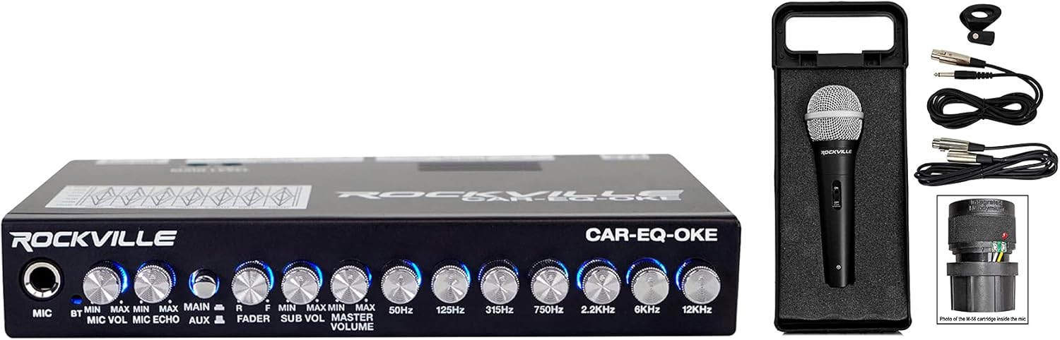 Rockville CAR-EQ-Oke Bundle: 1/2 Din 7 Band Car Audio Bluetooth Equalizer with Echo Mic Input, RMC-XLR Handheld Wired Microphone with (2) Cables, 4-Items