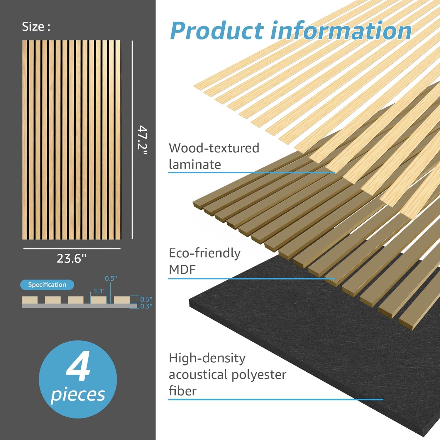 Art3d 4 Pack 47.2 x 23.6in. Wood Slat Acoustic Panels for Wall and Ceiling - 3D Fluted Sound Absorbing Panel with Wood Finish - Oak