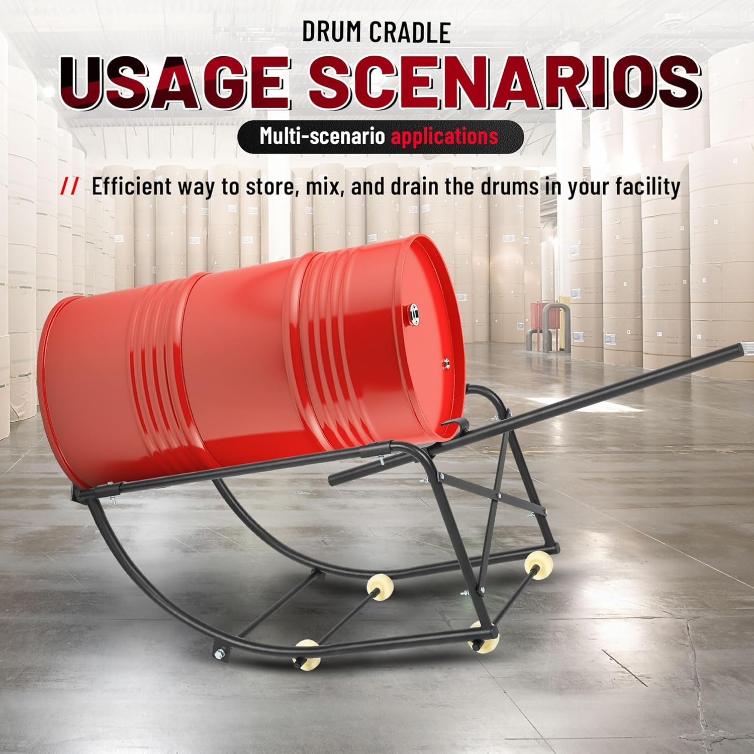 KUAFU 55 Gallon Drum Cradle 600lbs Drums Dolly Cart Drum Dispensing Stand Black 4 Wheel Powder Coated Steel