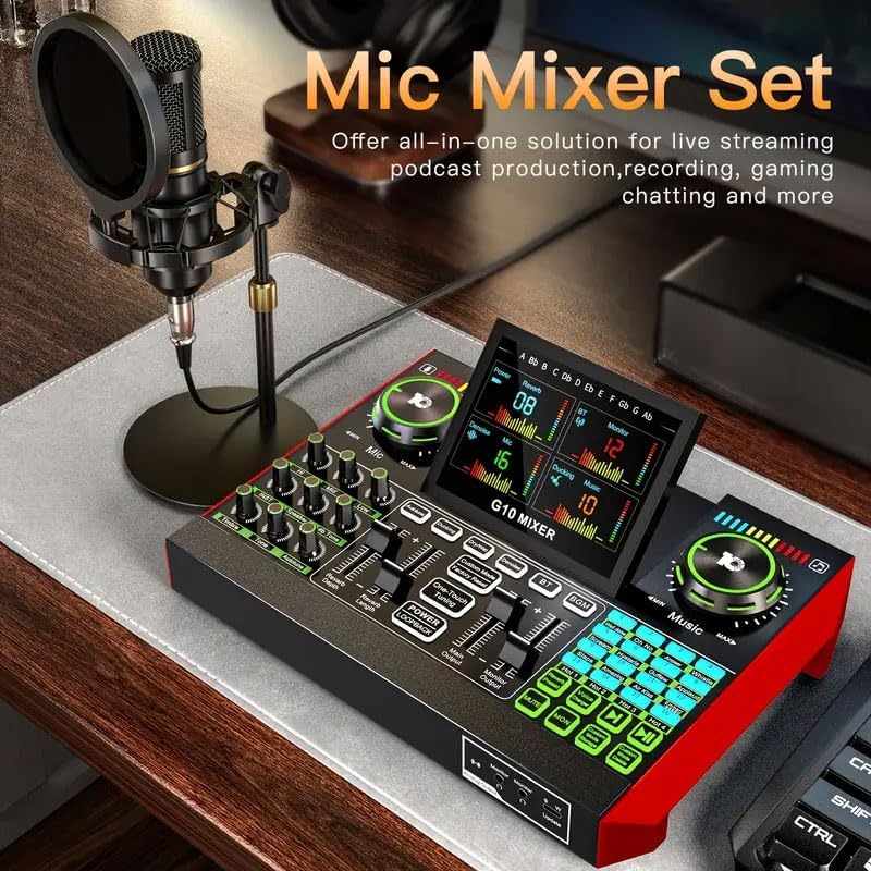 Podcast Equipment Bundle Audio Mixer, Sound Board for PC/Phone Live Streaming Singing Gaming, Sound Mixer for 3.5mm/Xlr Dynamic/48V Microphone, Live Sound Card with DJ Mixer Effects & Voice Changer
