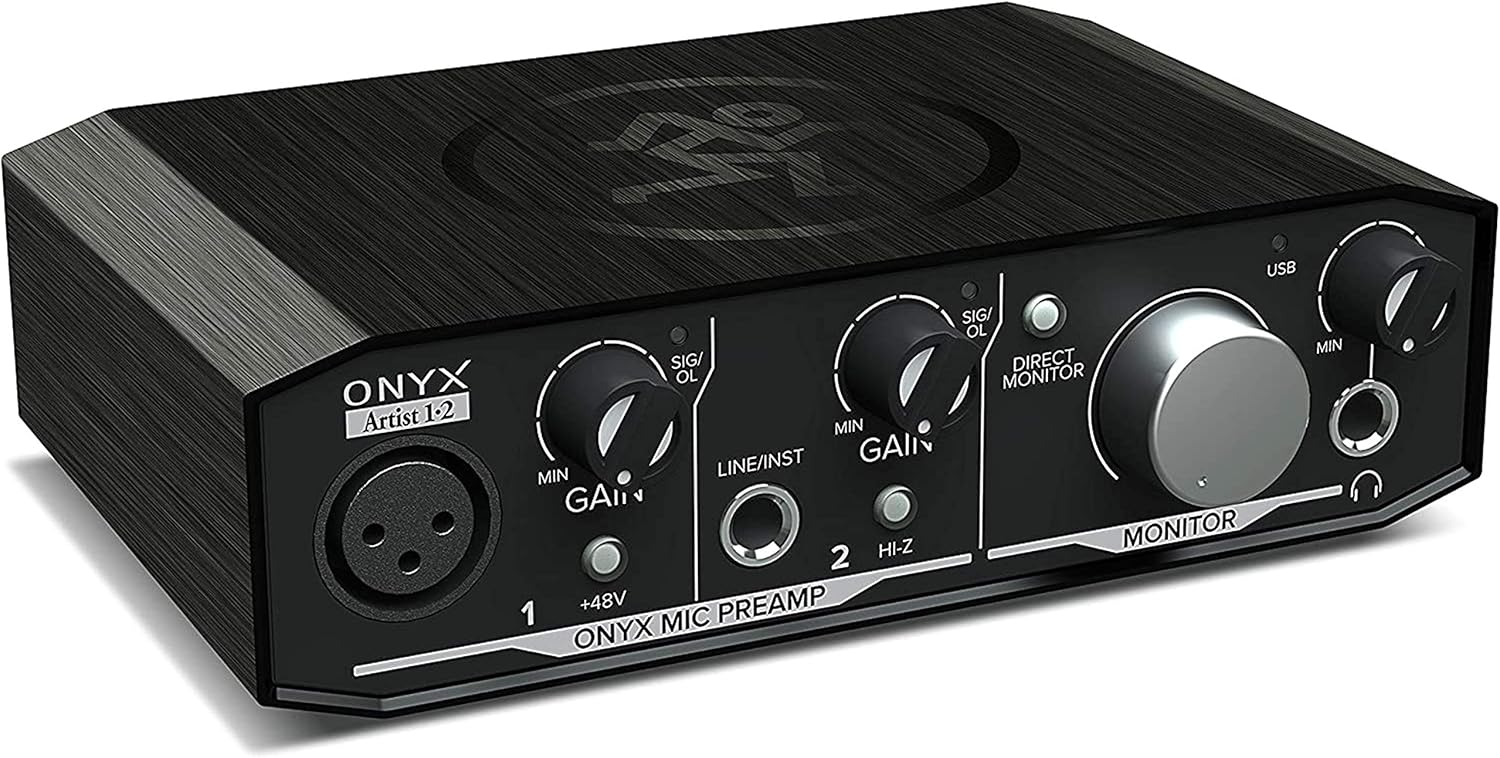 Mackie Onyx Artist 1-2 USB Audio Interface 2-in/2-out, 24-bit/192kHz, with 1 Onyx Mic Preamp, Zero-Latency Direct Monitoring - Mac/PC with Gravity Phone Holder and EMB 1/4