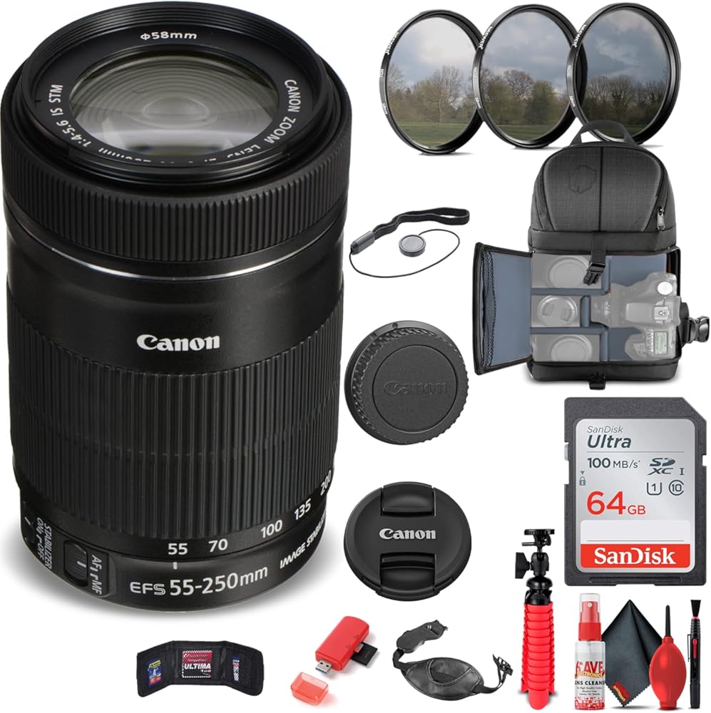 Canon EF-S 55-250mm f/4-5.6 is STM Lens (8546B002) + Filter Kit + Backpack + 64GB Card + Card Reader + Flex Tripod + Memory Wallet + Cap Keeper + Cleaning Kit + Hand Strap + More (Renewed)