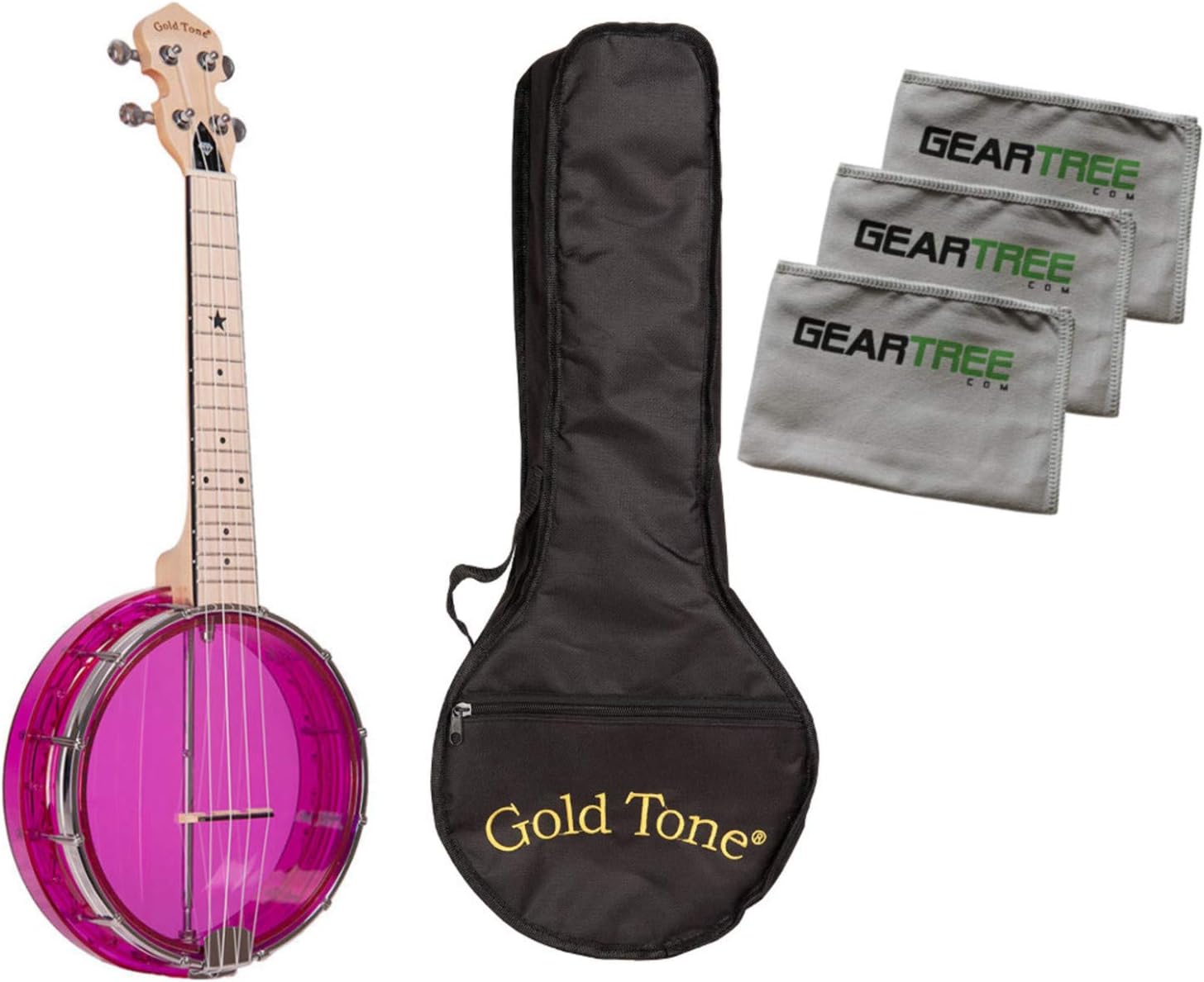 Gold Tone Little Gem Amethyst Clear Banjo Ukulele Bundle w/Bag & Cloth