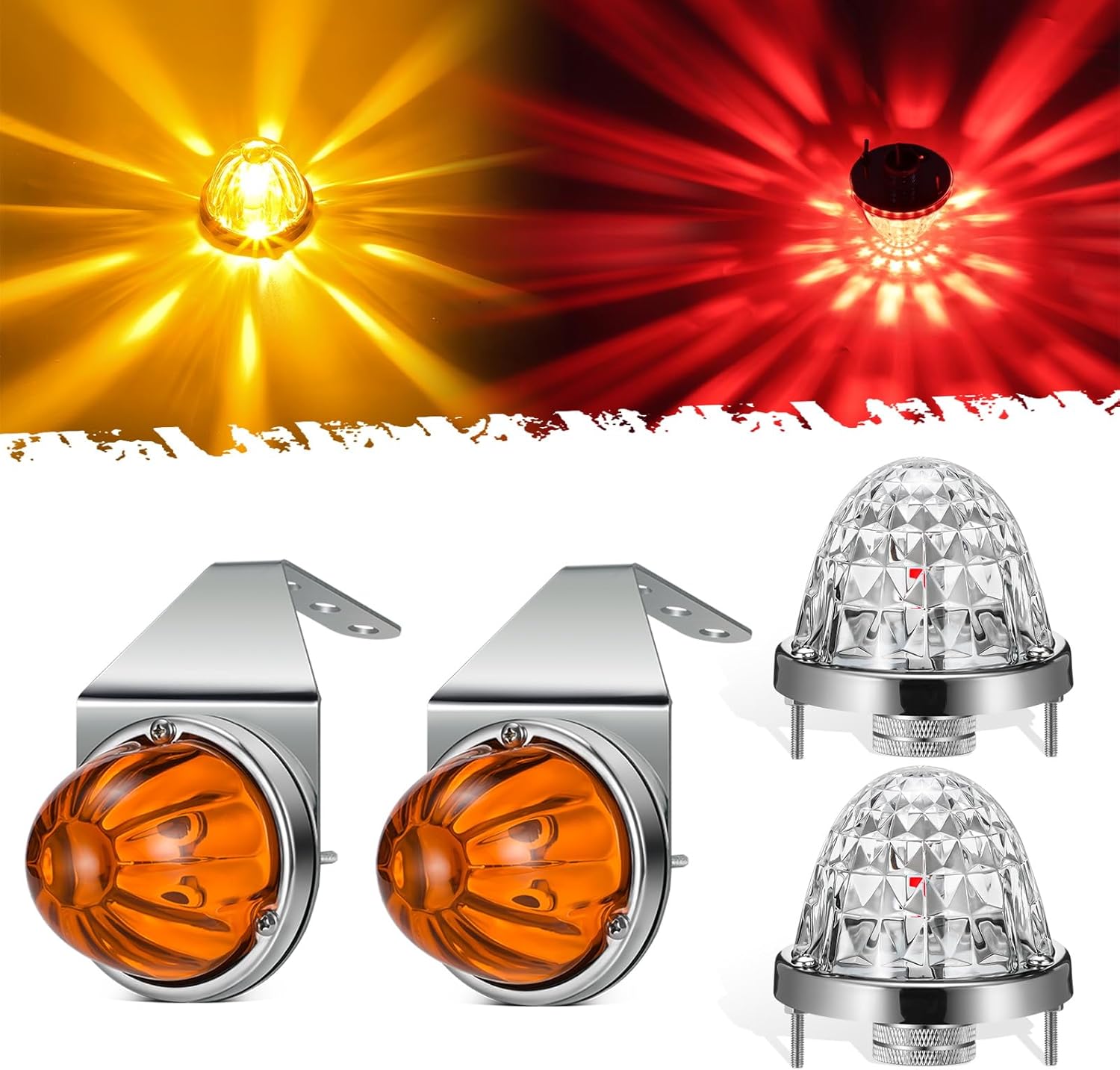 Partsam 4pcs/Set Glass Watermelon Lights Amber Lens with SS Bracket, Diamond-Shaped Clear Lens Red w/Stainless Steel Bezel for Peterbilt Freightliner Trucks Trailers
