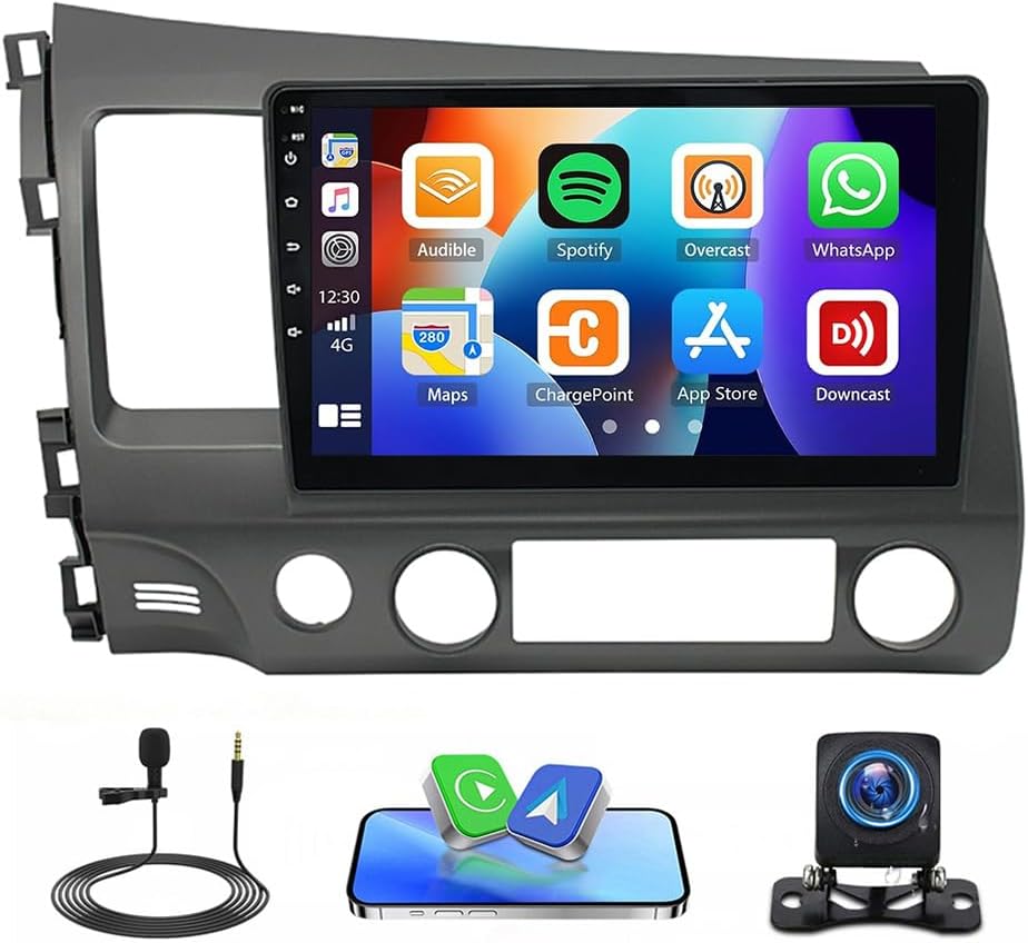 Car Stereo Radio Compatible for Civic 2006-2011 with Carplay Android Auto GPS Navigation 10in Touchscreen Car Radio Player with Bluetooth WiFi FM/RDS SWC Mirror Link Split Screen + Backup Camera