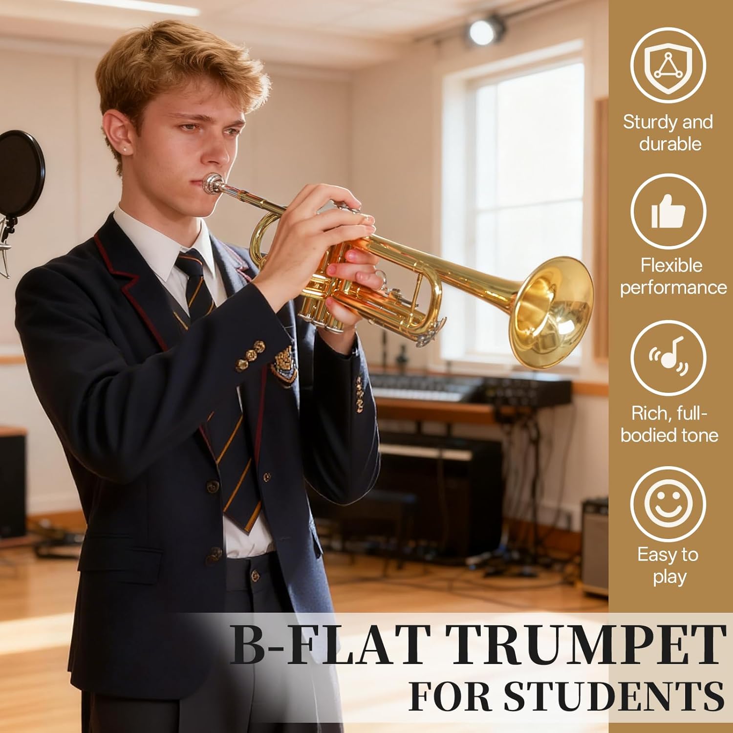 Kmise Bb Standard Trumpet, Premium Brass Trumpets for Student Beginner, Trumpet Instrument Set with Upgraded Case, 7C Mouthpiece, Mute, Beginner's Guide Kit, Cleaning Kit (Gold)