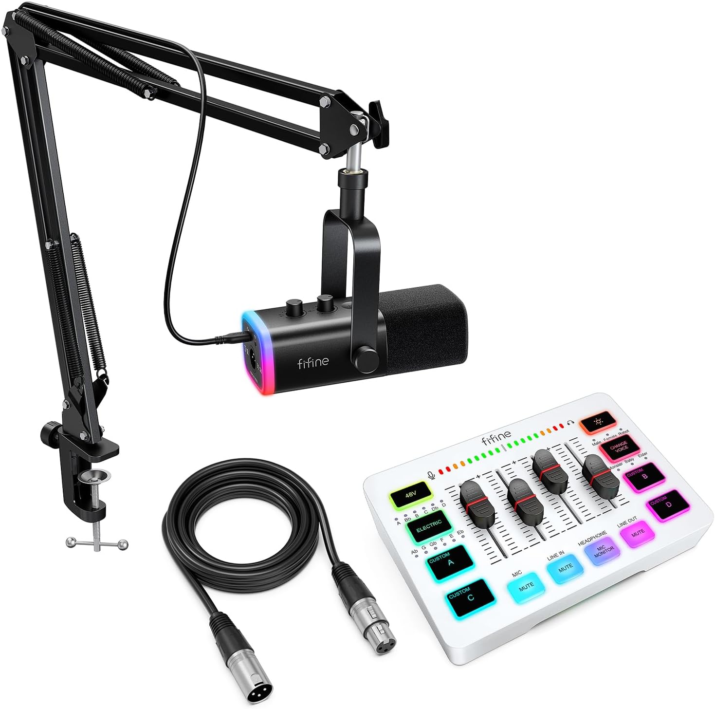 FIFINE Gaming Microphone Bundle with RGB Audio Mixer, XLR Cable, Podcast Equipment Set for Streaming, Vocal, Voice-Over, Compatible with PC with Mute, Gain Knob, Headphones Monitor (AM8T+SC3W+L9)