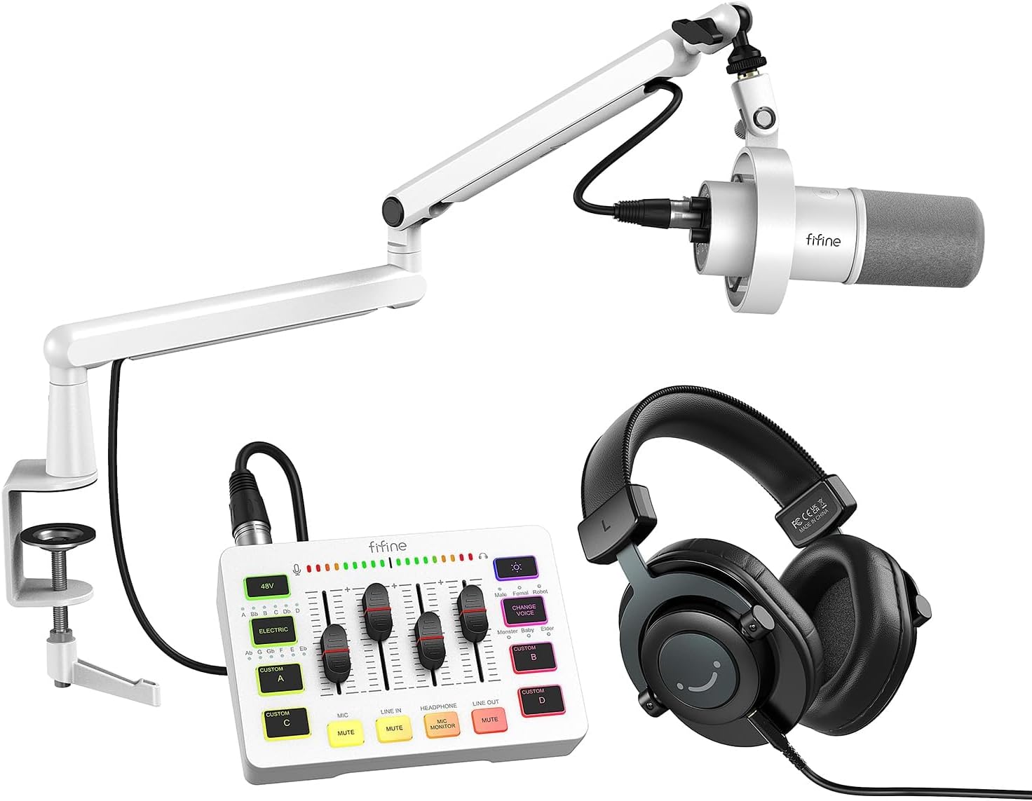 FIFINE Microphone with Recording Equipment Bundle, Podcast Set with PC Mixer, Low Profile Boom Arm, XLR Cable, Headphones for Studio Kit for Video Creation, Music Instrument Recording