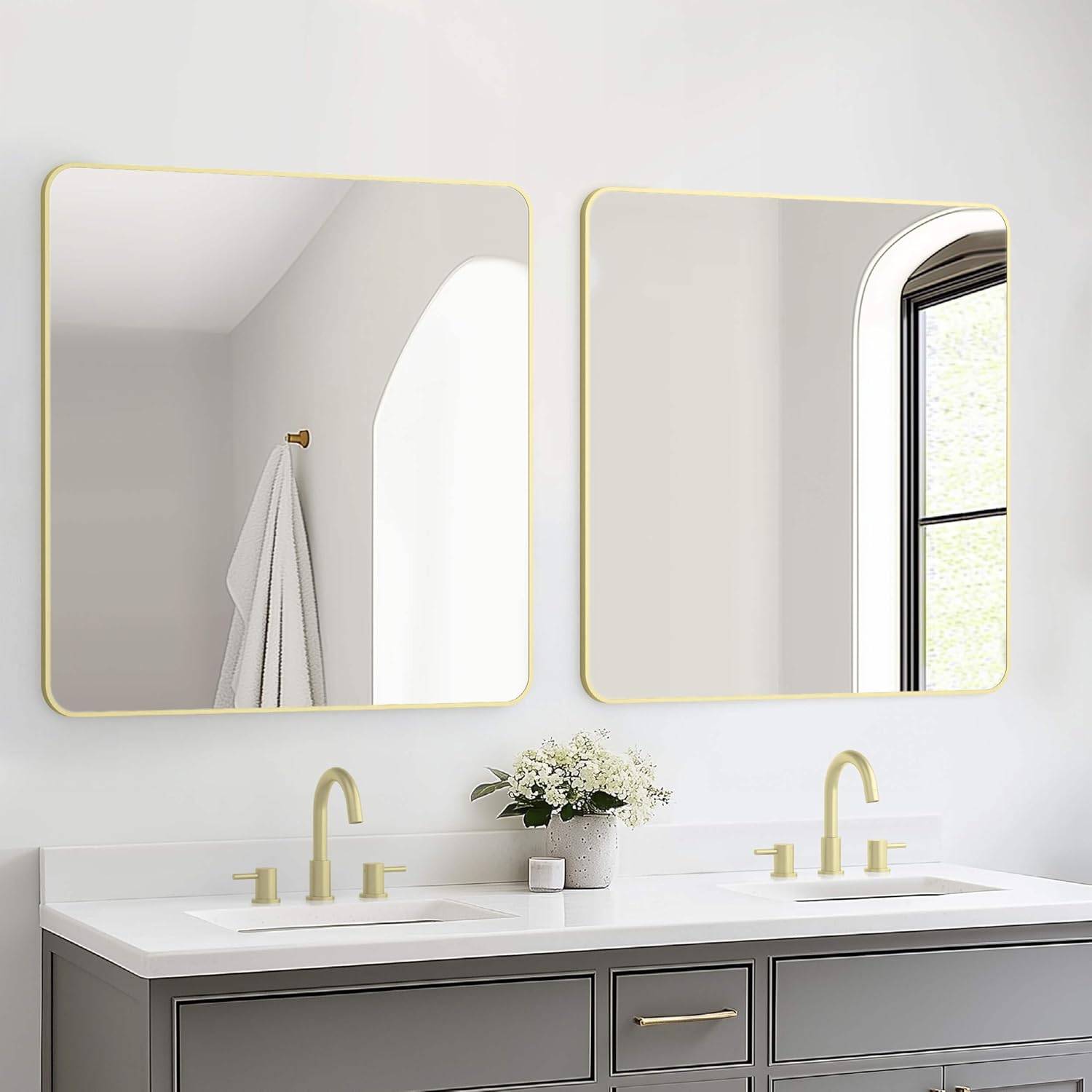 KIBI Shatteproof Wall-Mount Metal Frame Mirror | Horizontal/Vertical Mount | Wall Mirror for Bathrooms, Living Rooms, Hallways, Entryways, Offices | Rust Resistant (Brushed Gold, 36